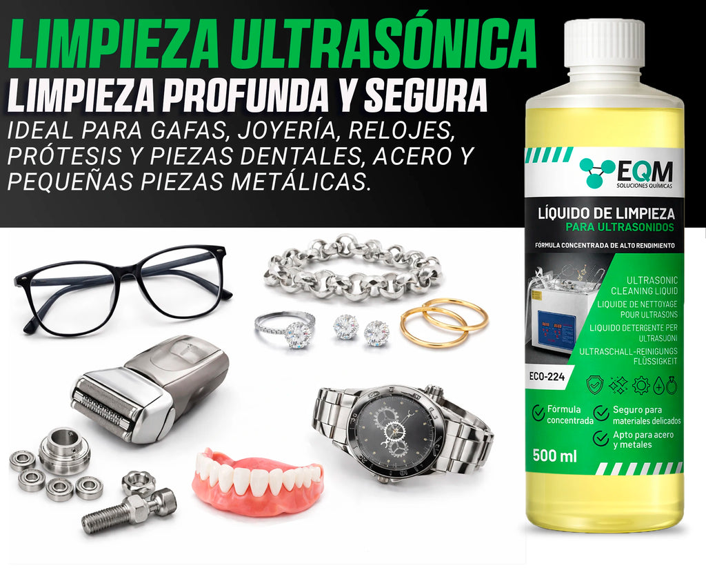 Eqm - Eco-224 - Concentrated Ultrasonic Cleaning Liquid - Suitable for Metals and Steel - Ideal for Jewelry, Glasses, Silver