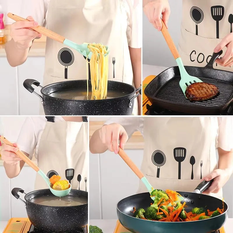 12 Piece Set Kitchen Accessories Cooking Tools Silicone Cooking Utensils Kitchen Utensil Set with Wooden Handle