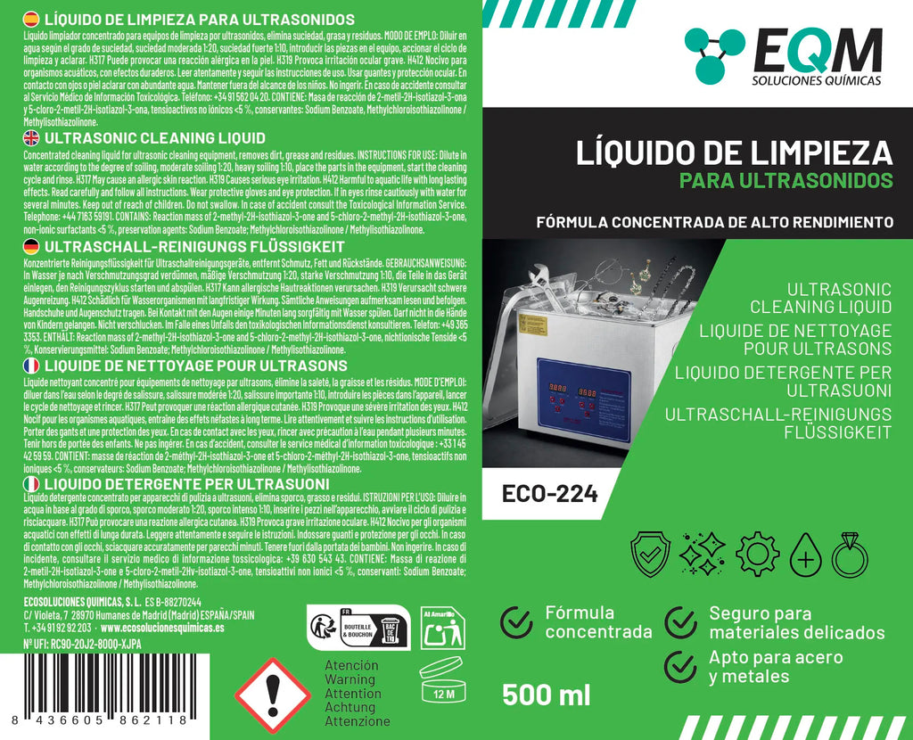 Eqm - Eco-224 - Concentrated Ultrasonic Cleaning Liquid - Suitable for Metals and Steel - Ideal for Jewelry, Glasses, Silver