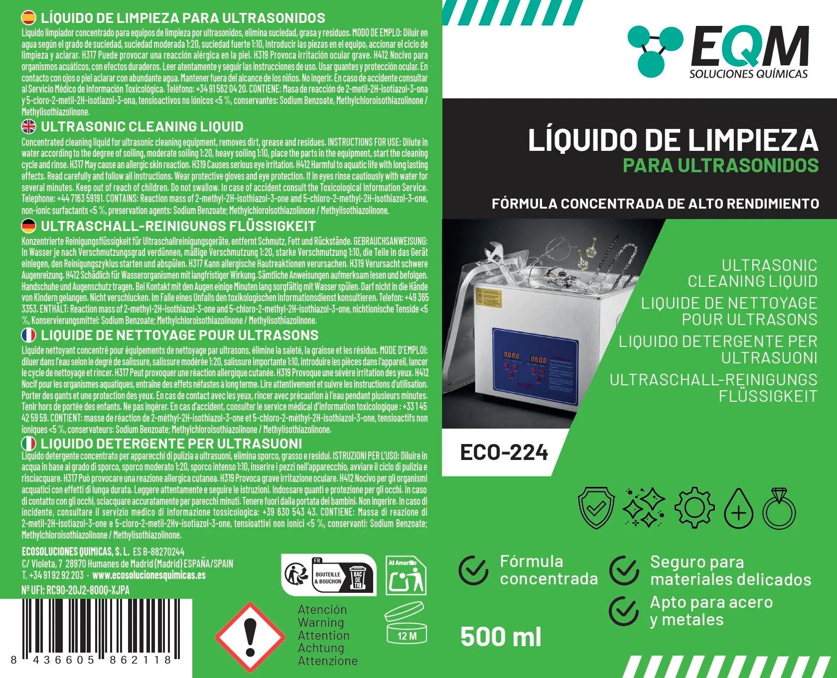 Eqm - Eco-224 - Concentrated Ultrasonic Cleaning Liquid - Suitable for Metals and Steel - Ideal for Jewelry, Glasses, Silver