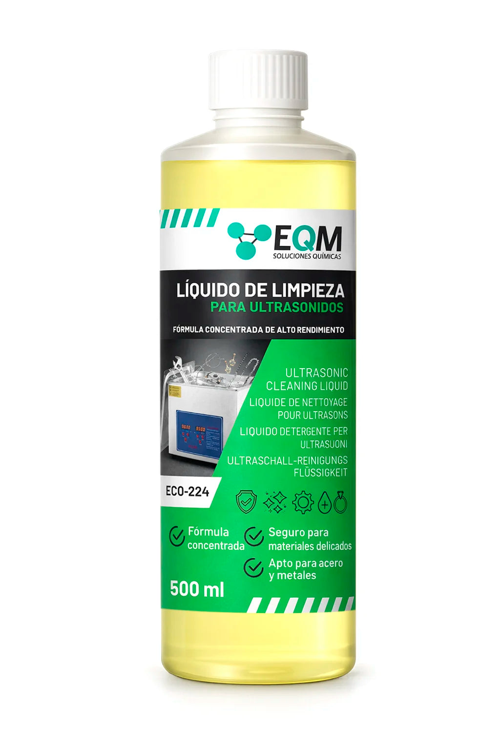 Eqm - Eco-224 - Concentrated Ultrasonic Cleaning Liquid - Suitable for Metals and Steel - Ideal for Jewelry, Glasses, Silver