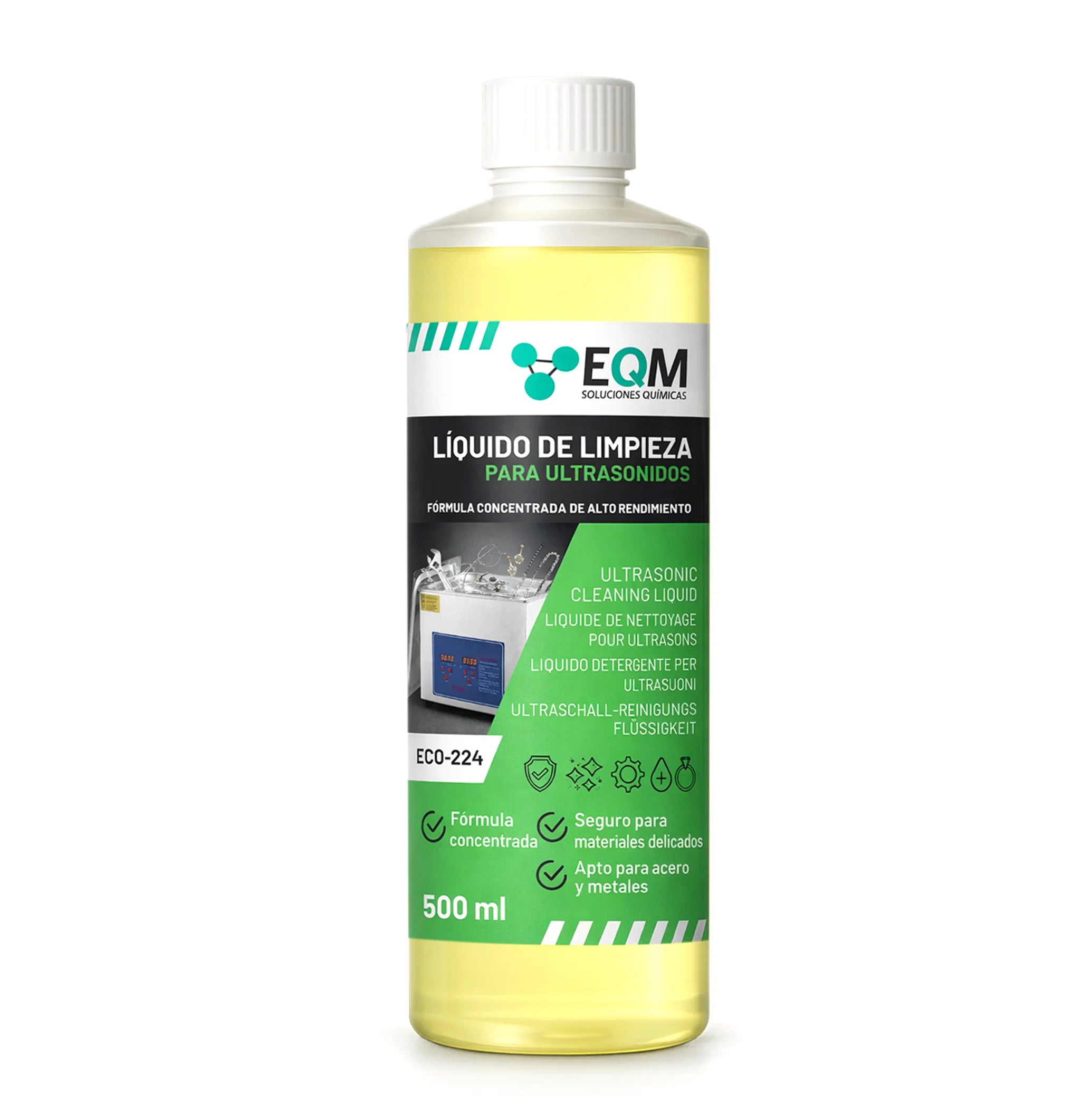 Eqm - Eco-224 - Concentrated Ultrasonic Cleaning Liquid - Suitable for Metals and Steel - Ideal for Jewelry, Glasses, Silver