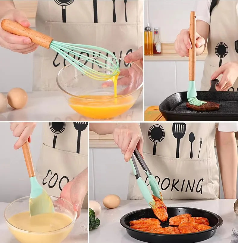 12 Piece Set Kitchen Accessories Cooking Tools Silicone Cooking Utensils Kitchen Utensil Set with Wooden Handle