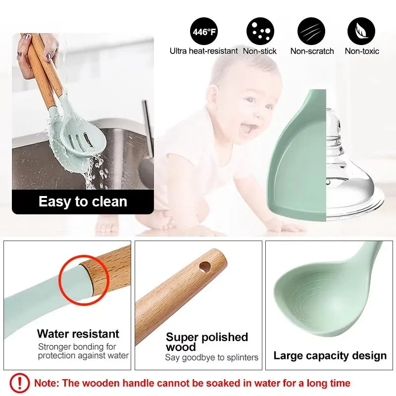 12 Piece Set Kitchen Accessories Cooking Tools Silicone Cooking Utensils Kitchen Utensil Set with Wooden Handle