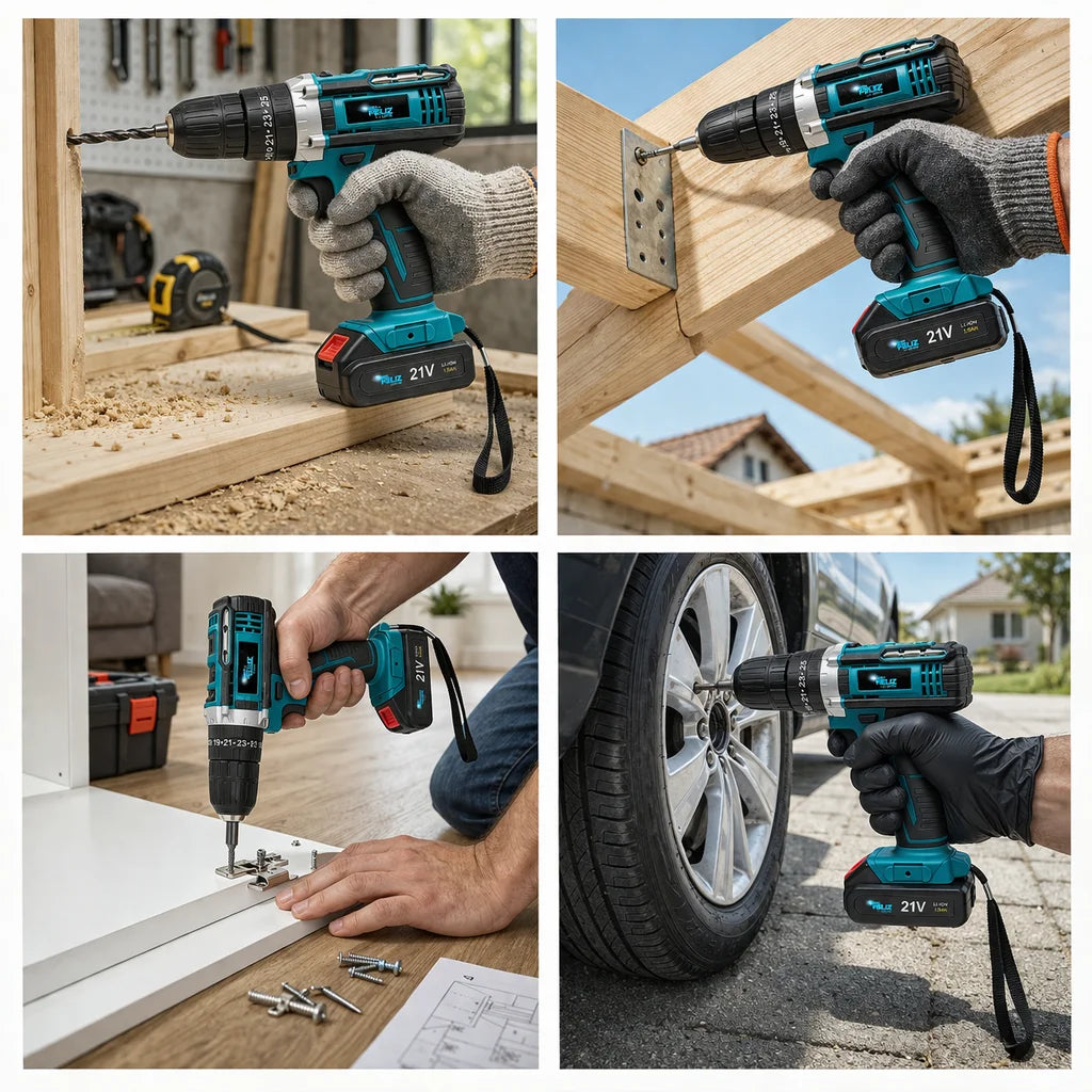 Cordless Hammer Drill Set, with 2 21V 1.5 Ah Batteries, 25+3 Torque Adjustment, 2 Speed, Don Feliz