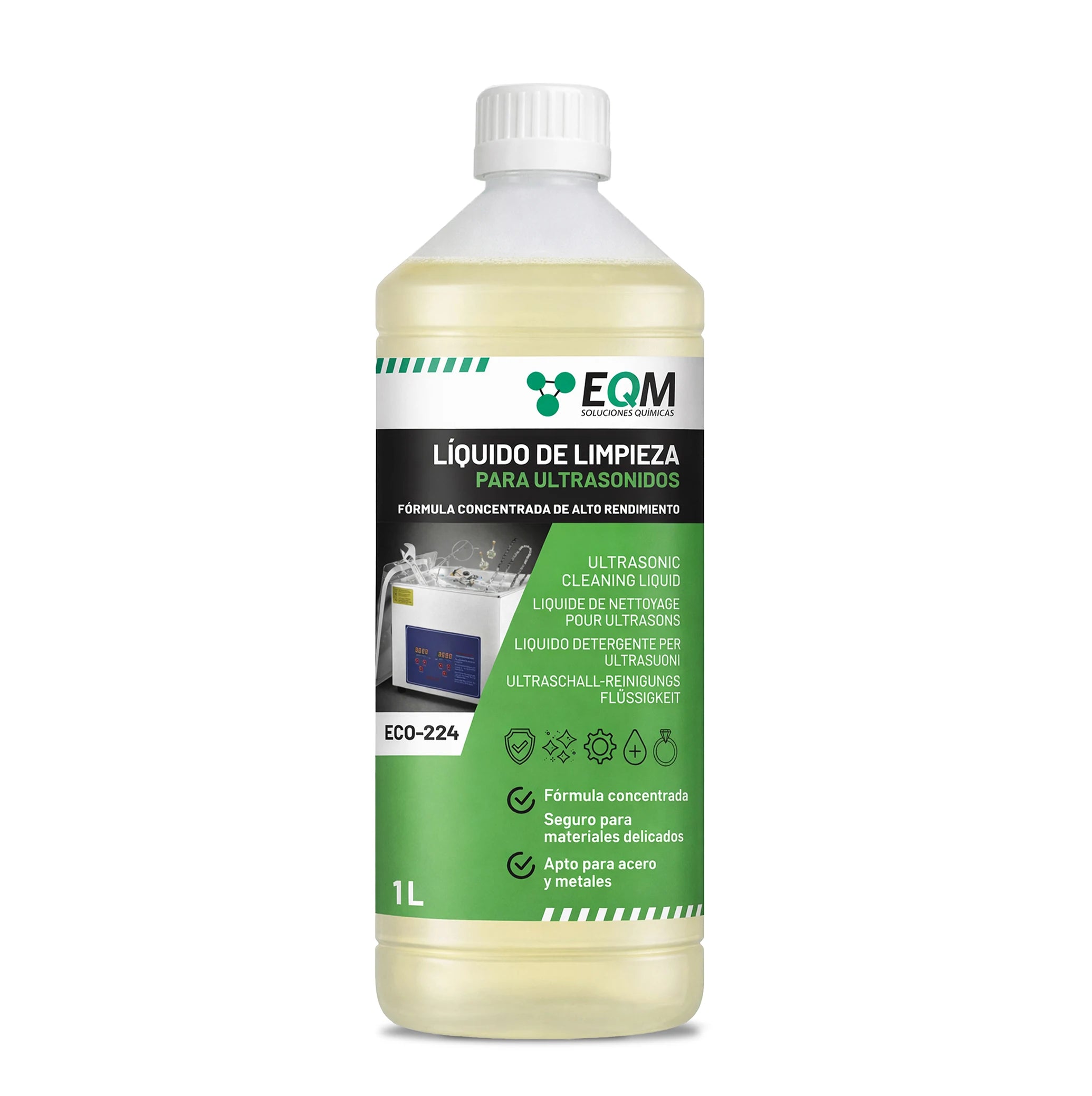 Eqm - Eco-224 - Concentrated Ultrasonic Cleaning Liquid - Suitable for Metals and Steel - Ideal for Jewelry, Glasses, Silver