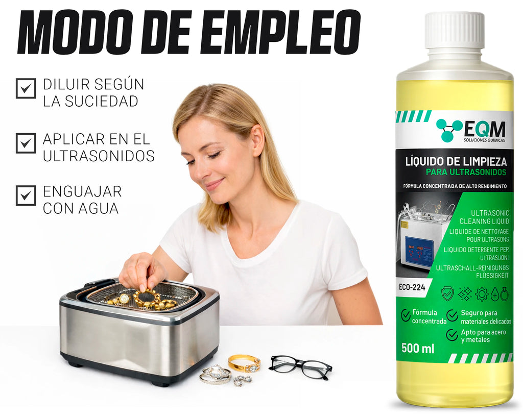 Eqm - Eco-224 - Concentrated Ultrasonic Cleaning Liquid - Suitable for Metals and Steel - Ideal for Jewelry, Glasses, Silver