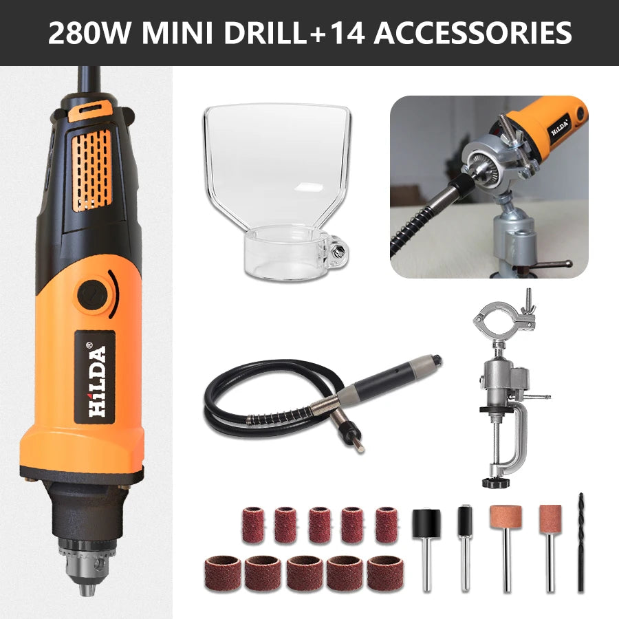 HILDA Mini Electric Drill Rotary Tools Variable Speed Grinder Grinding Toolwith Engraving Accessories 220V Mini Drill