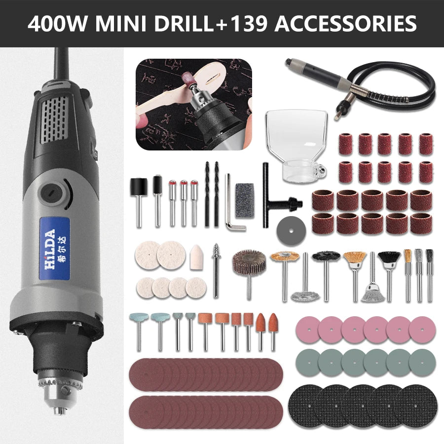 HILDA Mini Electric Drill Rotary Tools Variable Speed Grinder Grinding Toolwith Engraving Accessories 220V Mini Drill