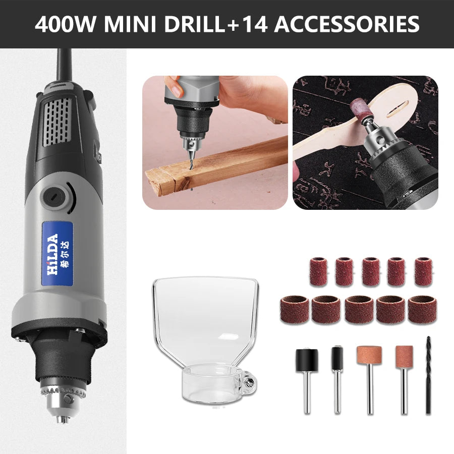 HILDA Mini Electric Drill Rotary Tools Variable Speed Grinder Grinding Toolwith Engraving Accessories 220V Mini Drill
