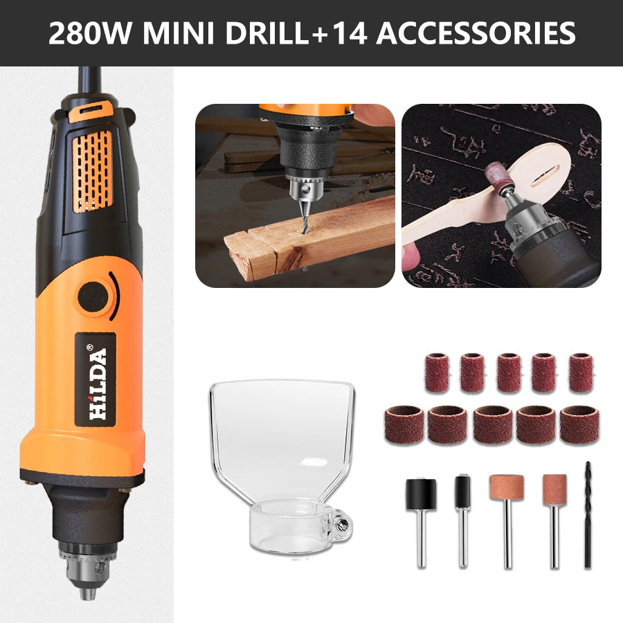 HILDA Mini Electric Drill Rotary Tools Variable Speed Grinder Grinding Toolwith Engraving Accessories 220V Mini Drill