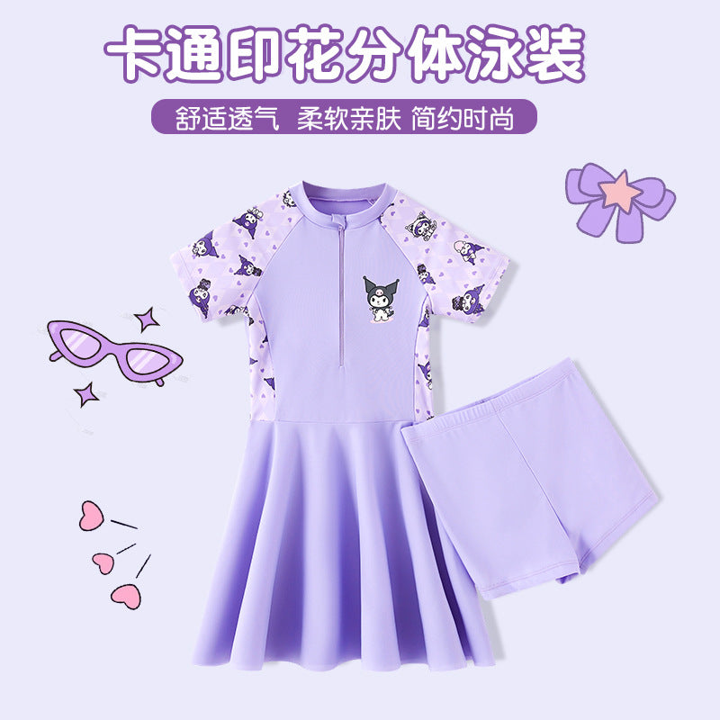 New Cartoon Printed Girls' Swimwear Body Skirt Split Pants for Big Kids and Baby Swimwear Kulomi Swimsuit