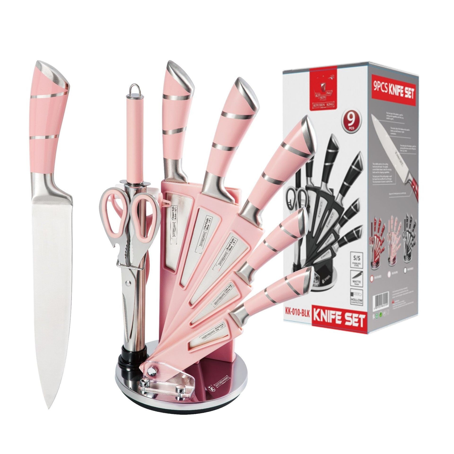Spot Stainless Steel Horseshoe Hollow Handle Knife Set Eight-Piece Acrylic Plastic Rotating Seat Kitchen Knife Kitchen Knife