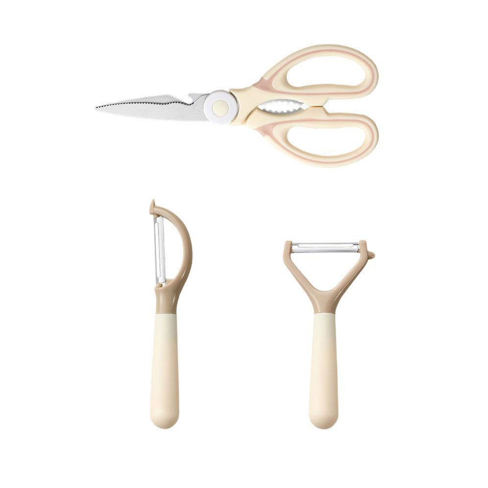 Kitchen Scissors Milk Coffee Color Panda Scissors Multifunctional Chicken Bone Scissors Stainless Steel Household Scissors Fruit Peeling Knife Set