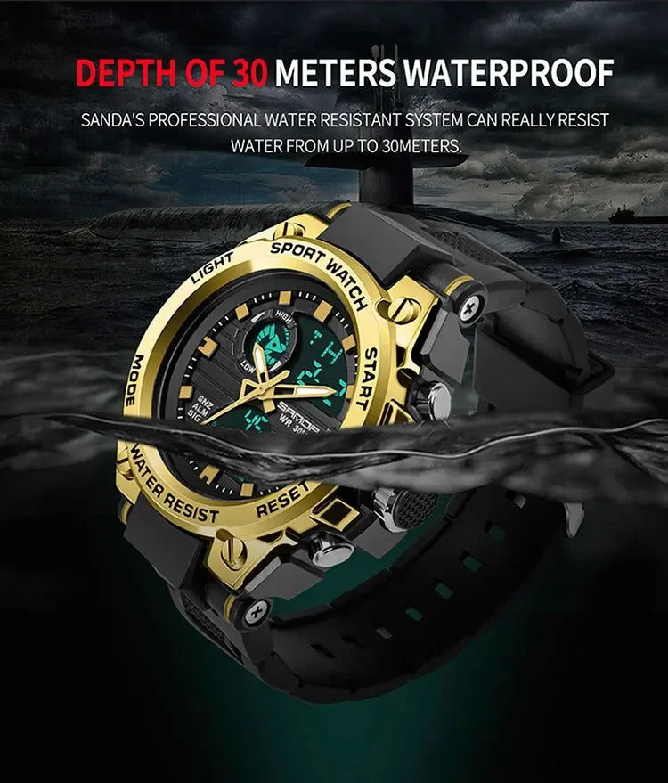 SANDA 739 Luxury Digital Quartz Watch for Men Military Army Waterproof Sport Wristwatches LED Dual Display Mens Reloj Hombre
