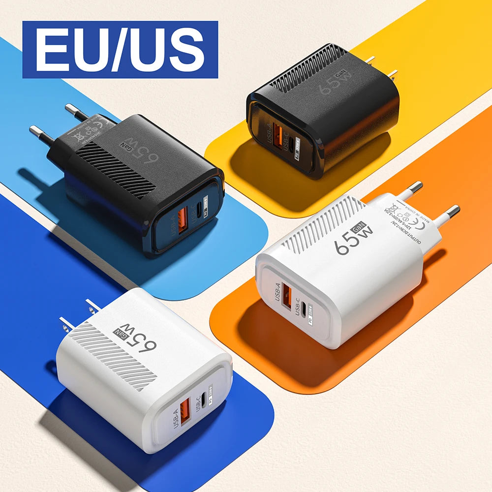 65W USB-C Charger GaN Fast Charging PD Type C Cable Mobile Phone Adapter Travel Wall Charger EU/US Plug For iPhone Xiaomi Huawei