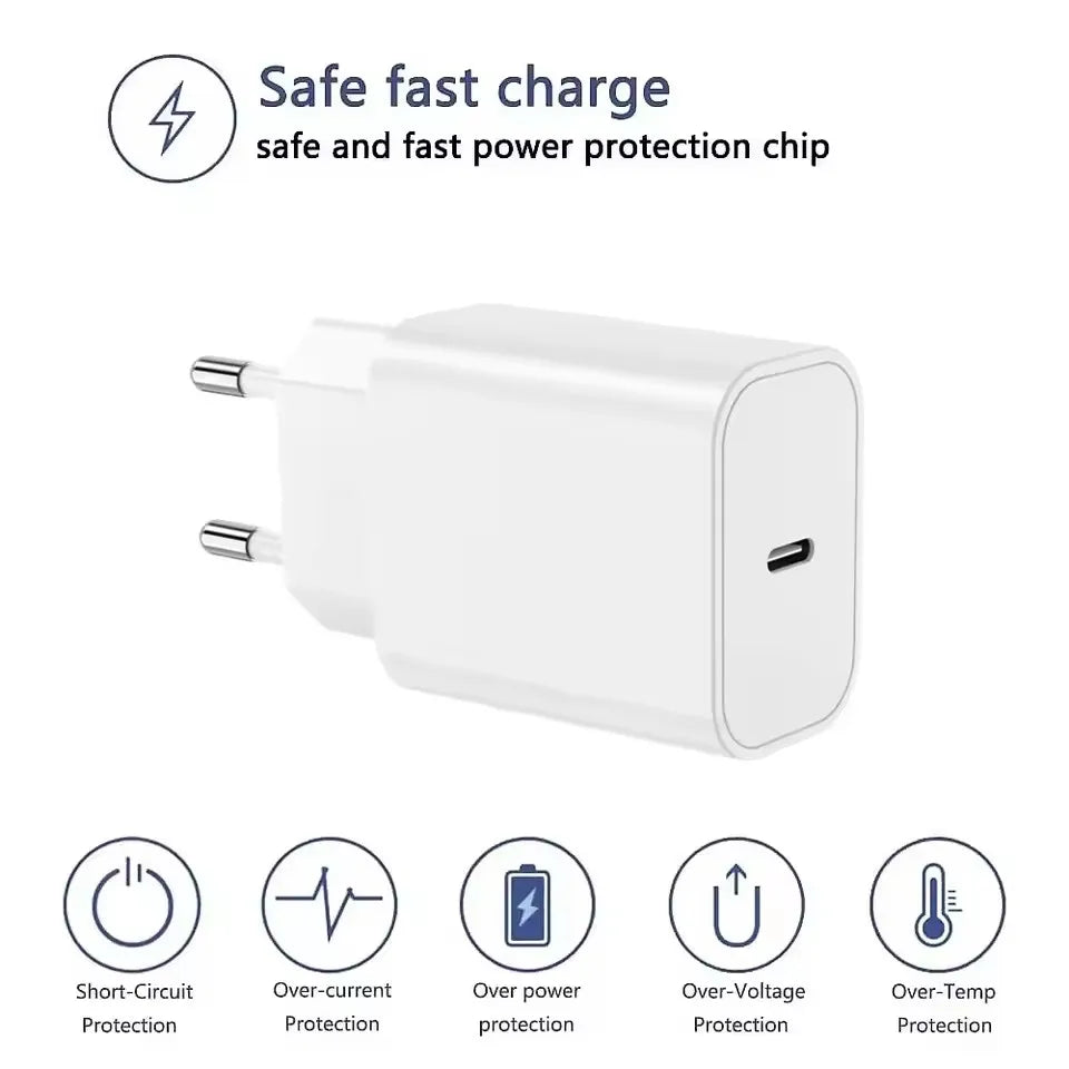 20W PD EU Plug Fast Wall Charger For iPhone 11 12 13 mini 14 Pro Max X XR XS Max USB-C Quick Charging Phone Charger PD Cable Kit