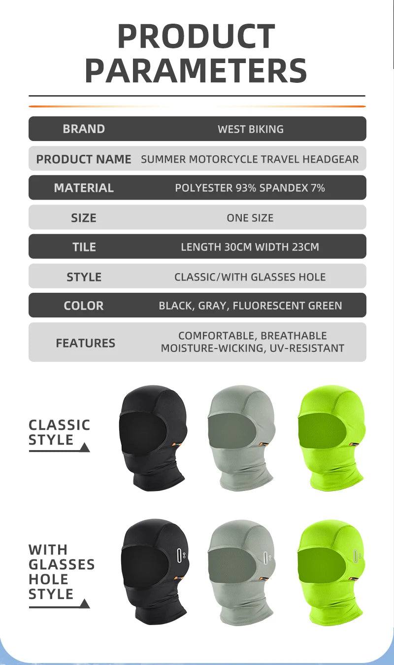 WEST BIKING Summer Motorcycle Bike Moisture-Wicking Balaclava UV Protection Breathable Running Fishing Caps Cooling Sport Gear