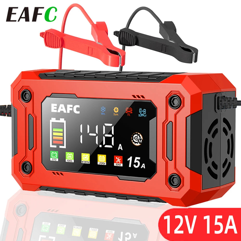 EAFC 12V 15A Smart Car Battery Charger Pulse Repair Automatic Start Fast Charger For Motorcycle Truck Lead Acid Batteries