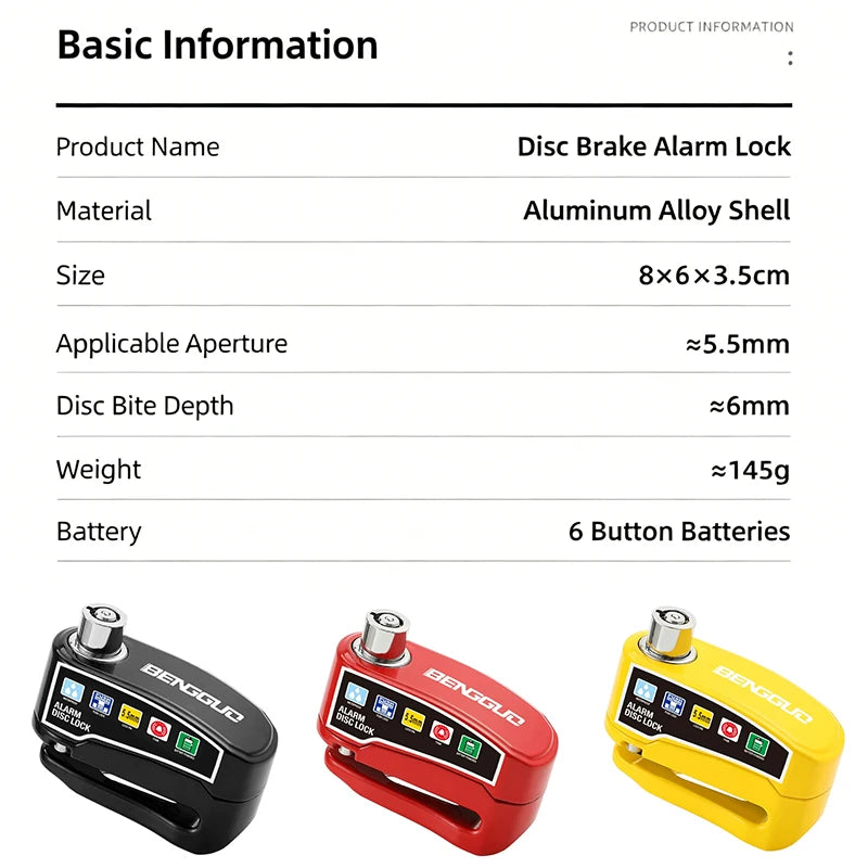 BENGGUO Motorcycle Alarm Wheel Disk Brake Lock with Keys Waterproof Bike Alarm Security Padlock Aluminum Alloy Bike Accessories