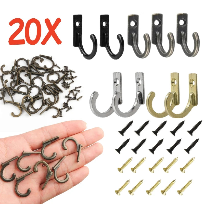 20/10PCS Mini Hook with Screws Antique Alloy Door Wall Hooks Keys Hair Rope Hanging Storage Rack Bathroom Kitchen Accessories