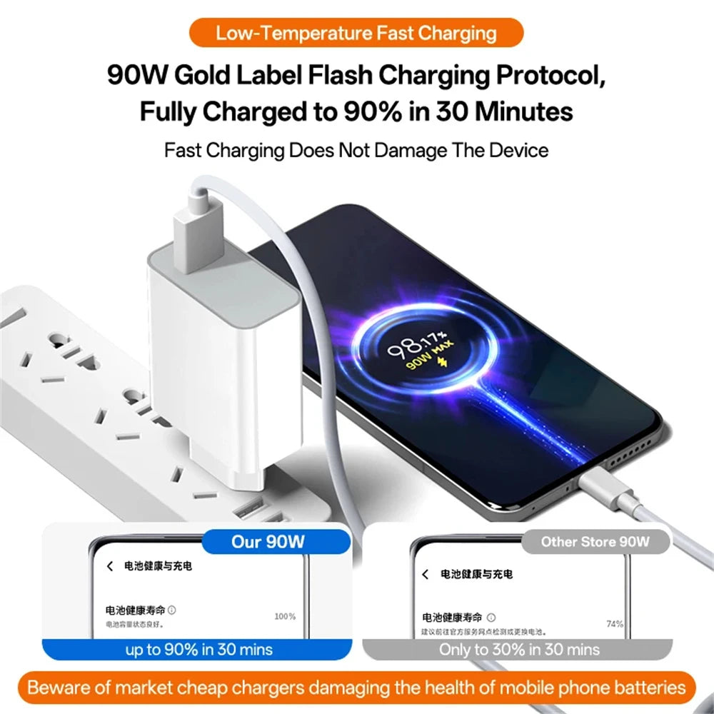 90W USB Charger Turbo Fast Charge 6A Type C Cable for Phone Adapter for Xiaomi 15 14 13 12 11 10 Ultra Redmi Note 12T 13 Pro
