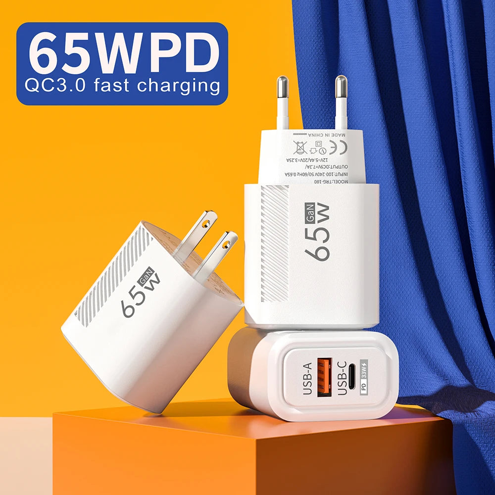 65W USB-C Charger GaN Fast Charging PD Type C Cable Mobile Phone Adapter Travel Wall Charger EU/US Plug For iPhone Xiaomi Huawei