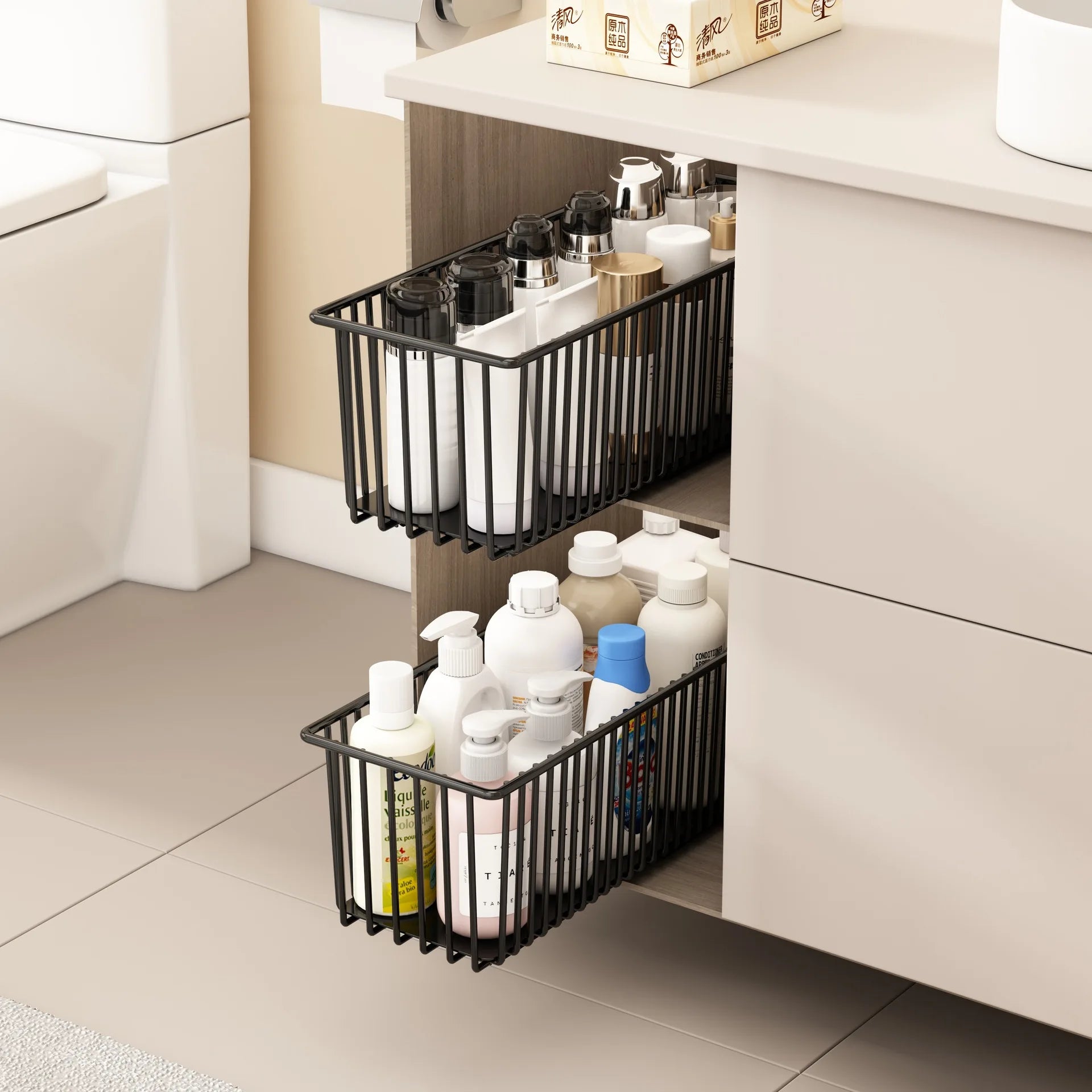 2Pcs Pull Out Cabinet Organizer Carbon Steel Slide Out Drawers Sliding Pantry Shelves For Kitchen Base Cabinet Organization
