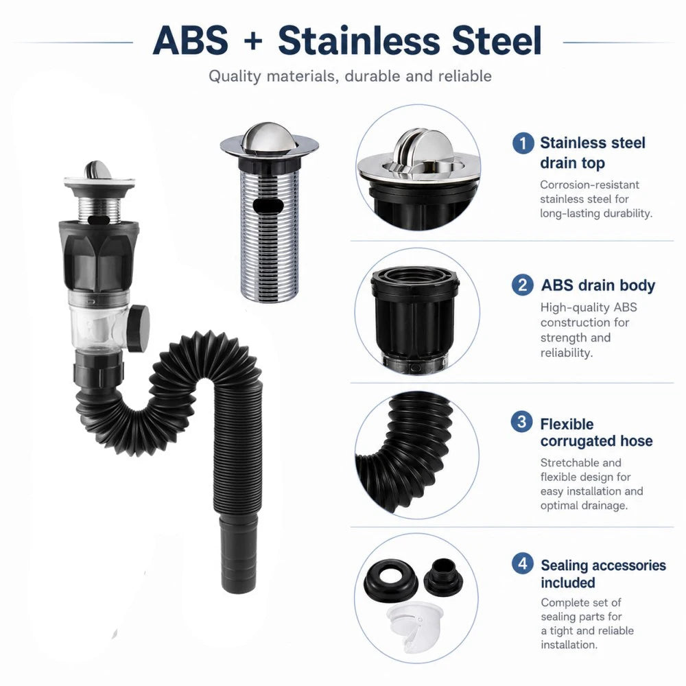 1-5Pcs Kitchen ABS Sink Drain Kit Drain Stopper Flexible Hose Body Stainless Steel Top Side Outlet Basin Drain Pipe Set