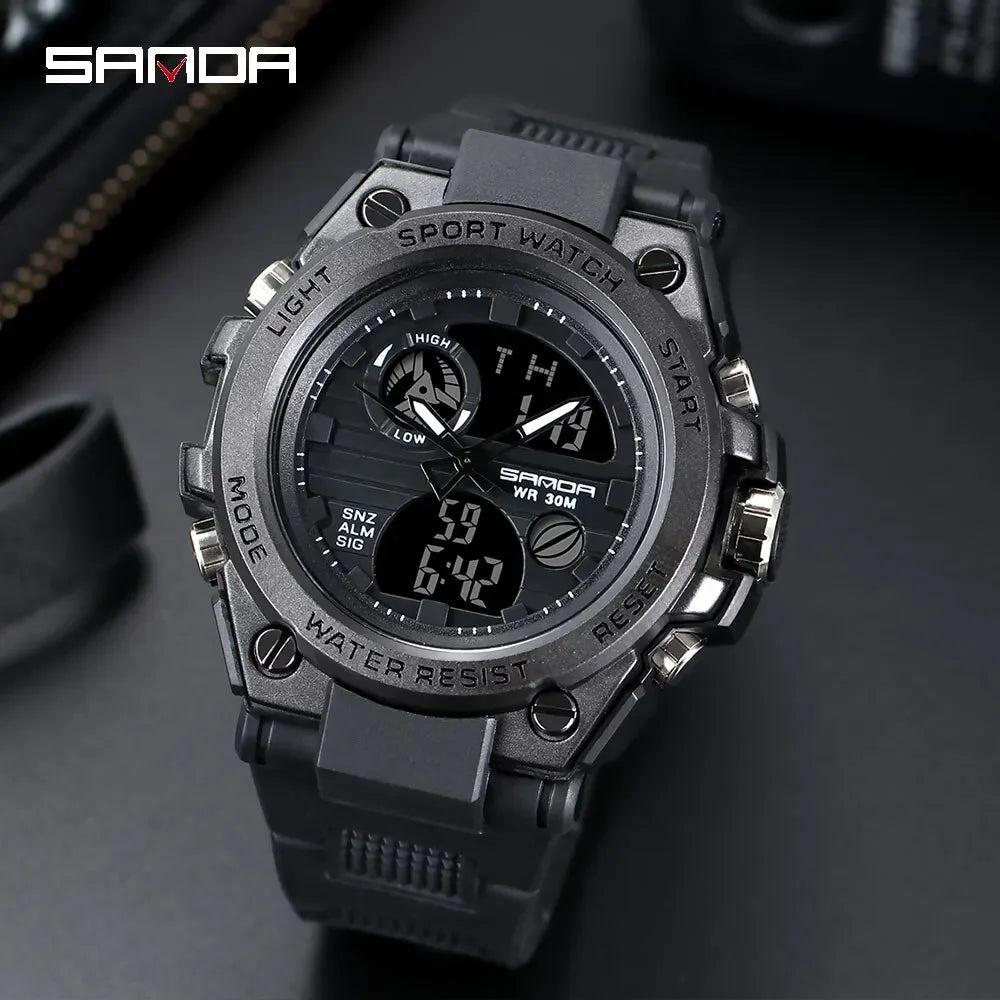 SANDA 739 Luxury Digital Quartz Watch for Men Military Army Waterproof Sport Wristwatches LED Dual Display Mens Reloj Hombre