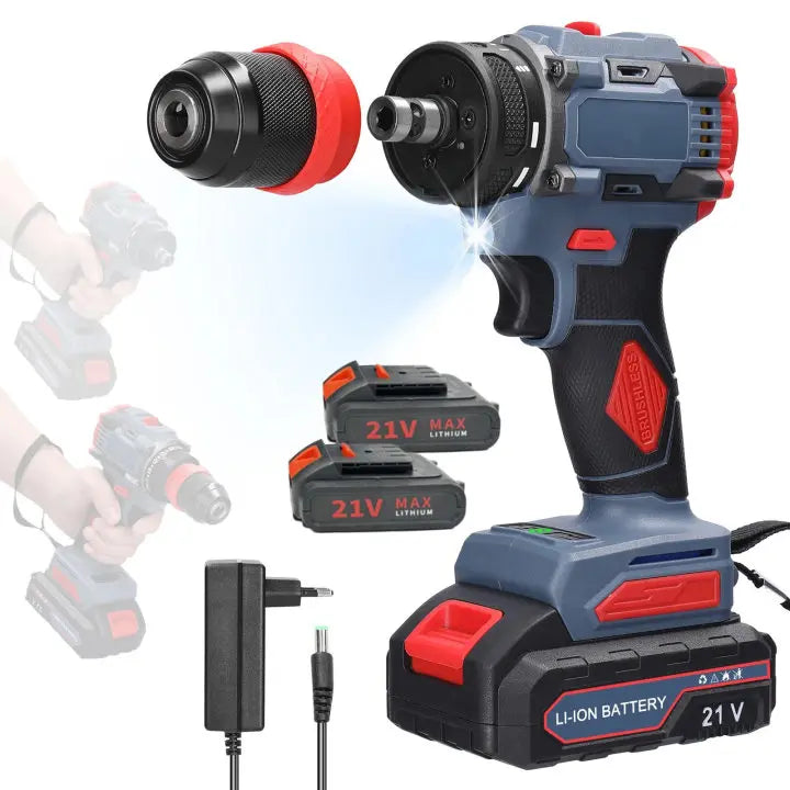 21V Cordless Electric Screwdriver Rechargeable 2 in 1 Brushless Impact Drill 2 Speed 55N.M Torque Power Tools with 2 Battery