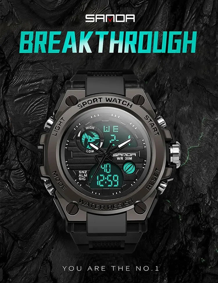 SANDA 739 Luxury Digital Quartz Watch for Men Military Army Waterproof Sport Wristwatches LED Dual Display Mens Reloj Hombre