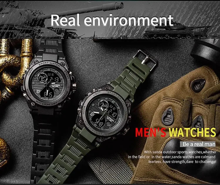 SANDA 739 Luxury Digital Quartz Watch for Men Military Army Waterproof Sport Wristwatches LED Dual Display Mens Reloj Hombre