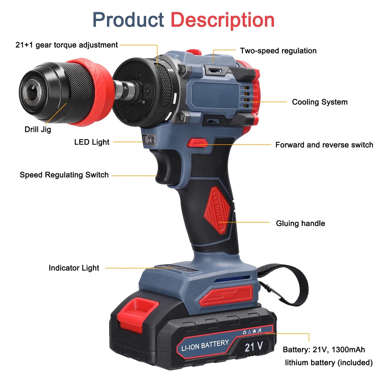 21V Cordless Electric Screwdriver Rechargeable 2 in 1 Brushless Impact Drill 2 Speed 55N.M Torque Power Tools with 2 Battery