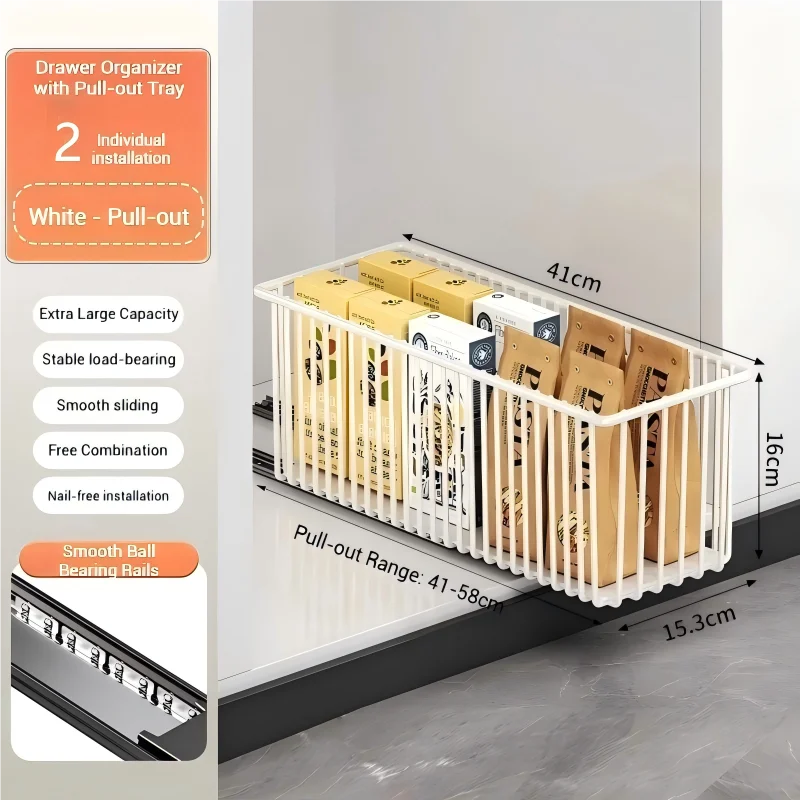 2Pcs Pull Out Cabinet Organizer Carbon Steel Slide Out Drawers Sliding Pantry Shelves For Kitchen Base Cabinet Organization