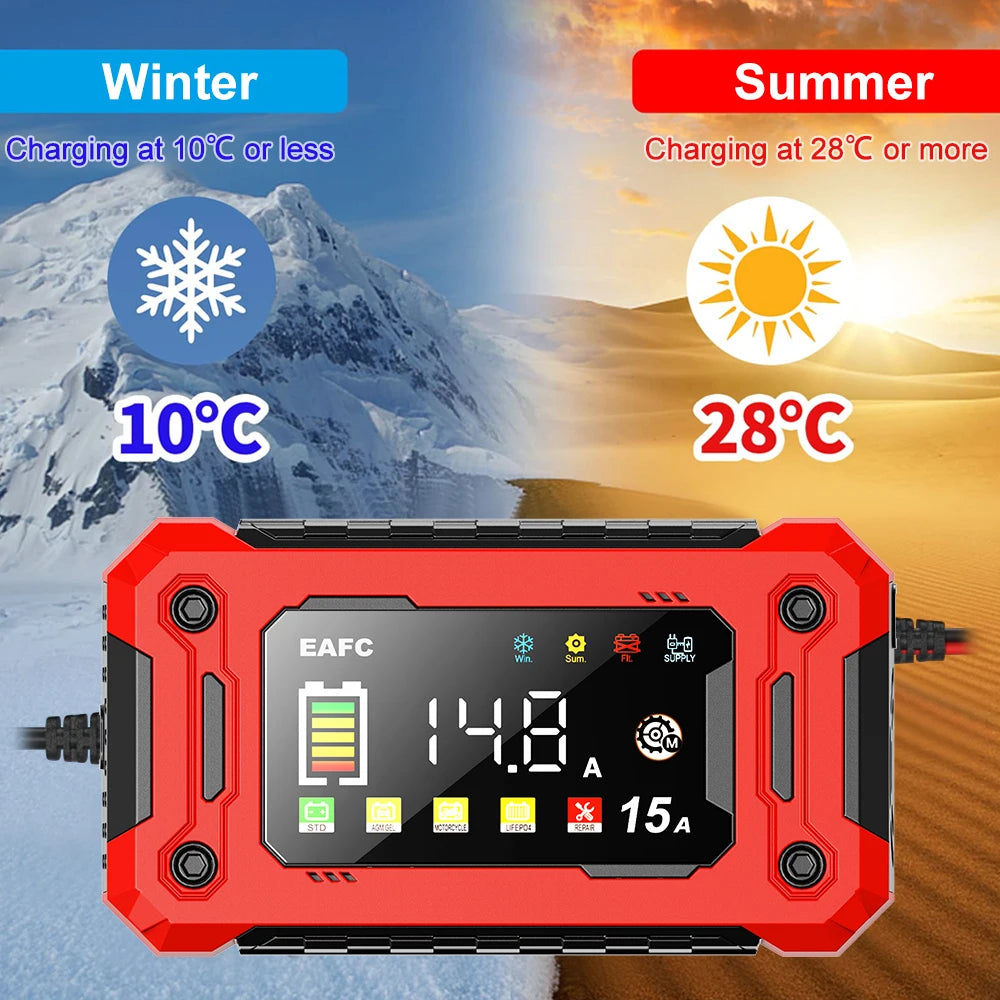 EAFC 12V 15A Smart Car Battery Charger Pulse Repair Automatic Start Fast Charger For Motorcycle Truck Lead Acid Batteries