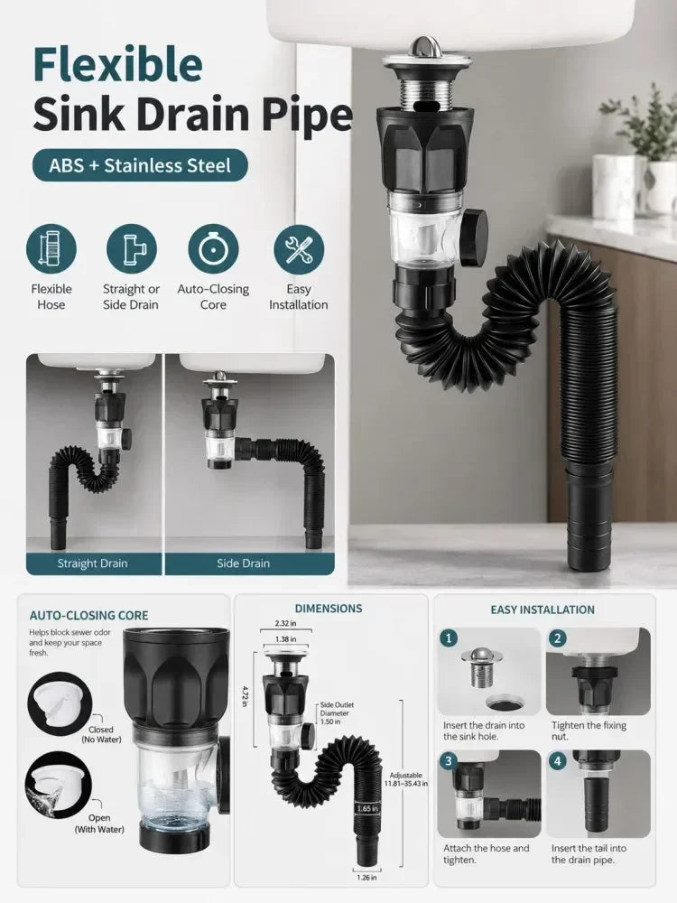 1-5Pcs Kitchen ABS Sink Drain Kit Drain Stopper Flexible Hose Body Stainless Steel Top Side Outlet Basin Drain Pipe Set