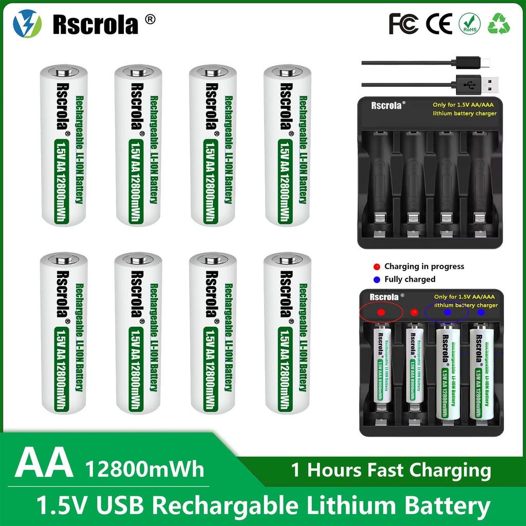 Rscrola Rechargeable 1.5V AA 12800mWh Lithium ion Battery Fast charging with Charger for Camare Clock  Mouse Fan Electric Toys