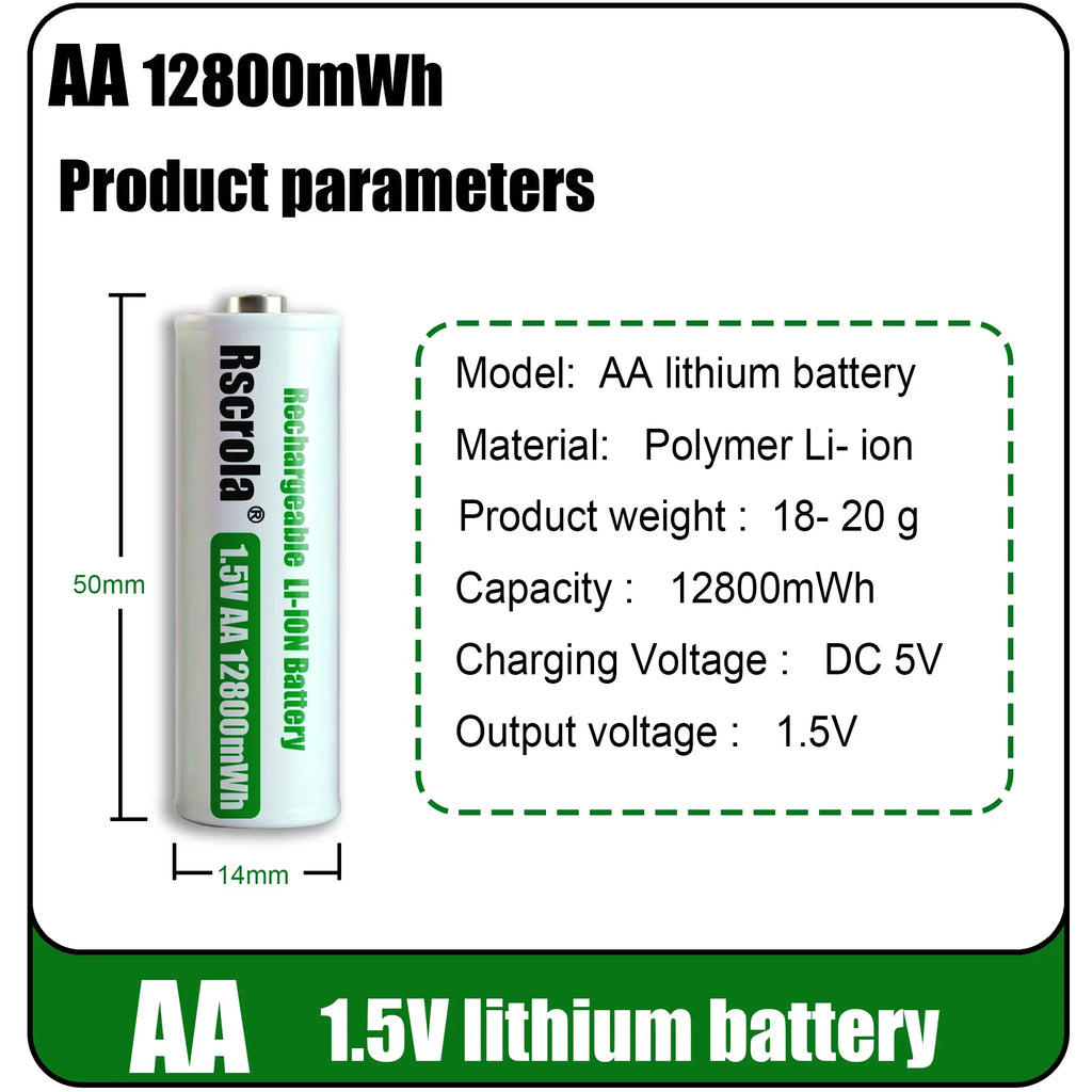 Rscrola Rechargeable 1.5V AA 12800mWh Lithium ion Battery Fast charging with Charger for Camare Clock  Mouse Fan Electric Toys