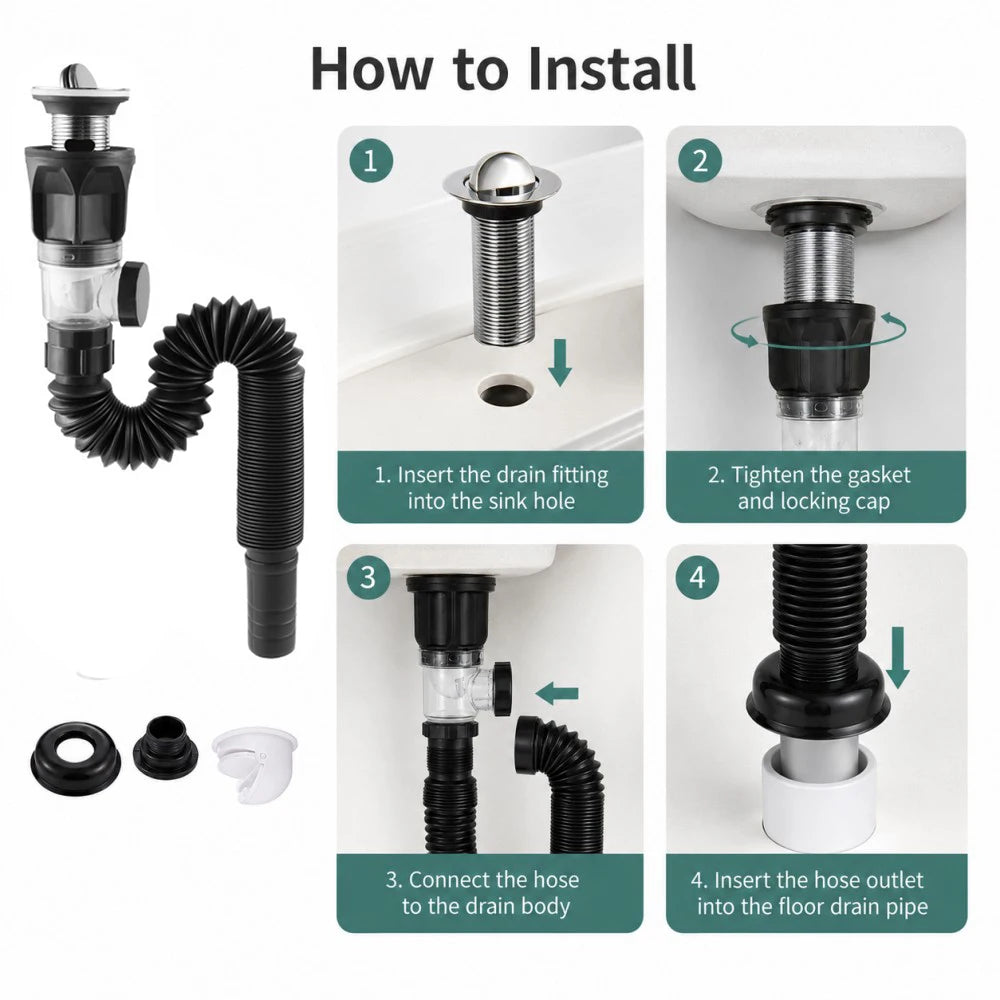 1-5Pcs Kitchen ABS Sink Drain Kit Drain Stopper Flexible Hose Body Stainless Steel Top Side Outlet Basin Drain Pipe Set