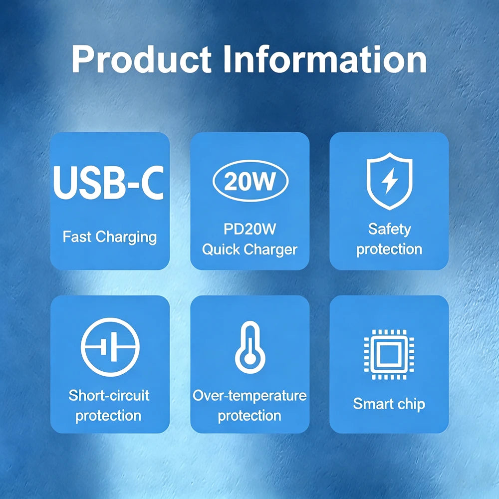 20W PD EU Plug Fast Wall Charger For iPhone 11 12 13 mini 14 Pro Max X XR XS Max USB-C Quick Charging Phone Charger PD Cable Kit