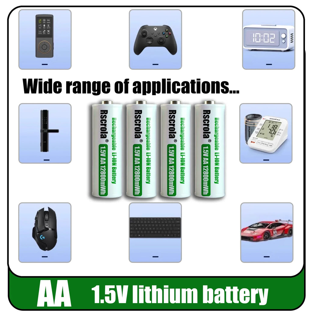 Rscrola Rechargeable 1.5V AA 12800mWh Lithium ion Battery Fast charging with Charger for Camare Clock  Mouse Fan Electric Toys