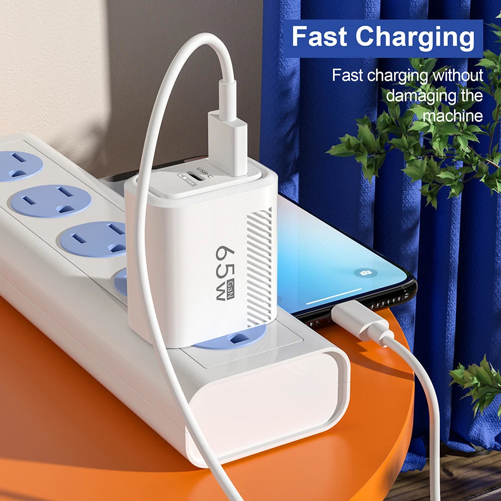 65W USB-C Charger GaN Fast Charging PD Type C Cable Mobile Phone Adapter Travel Wall Charger EU/US Plug For iPhone Xiaomi Huawei