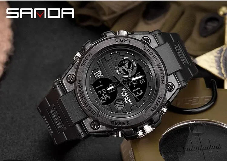 SANDA 739 Luxury Digital Quartz Watch for Men Military Army Waterproof Sport Wristwatches LED Dual Display Mens Reloj Hombre