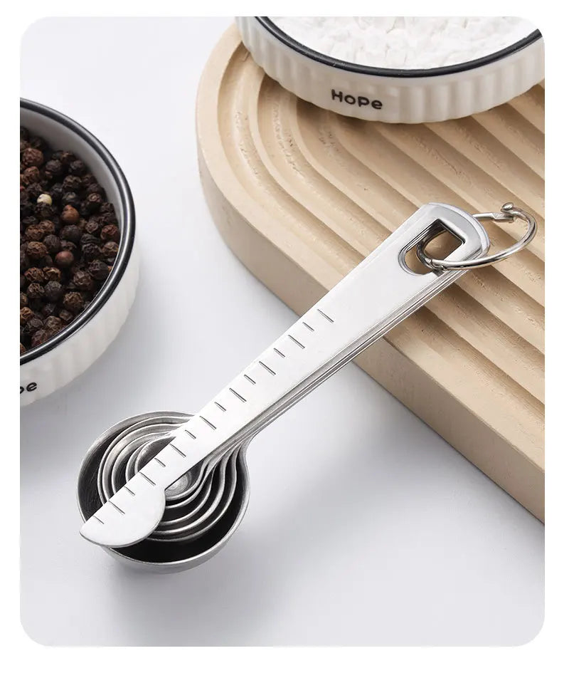Stainless steel measuring spoon 4/6/7/8 pcs set with scale measuring ruler spoon kitchen coffee baking measuring tool set