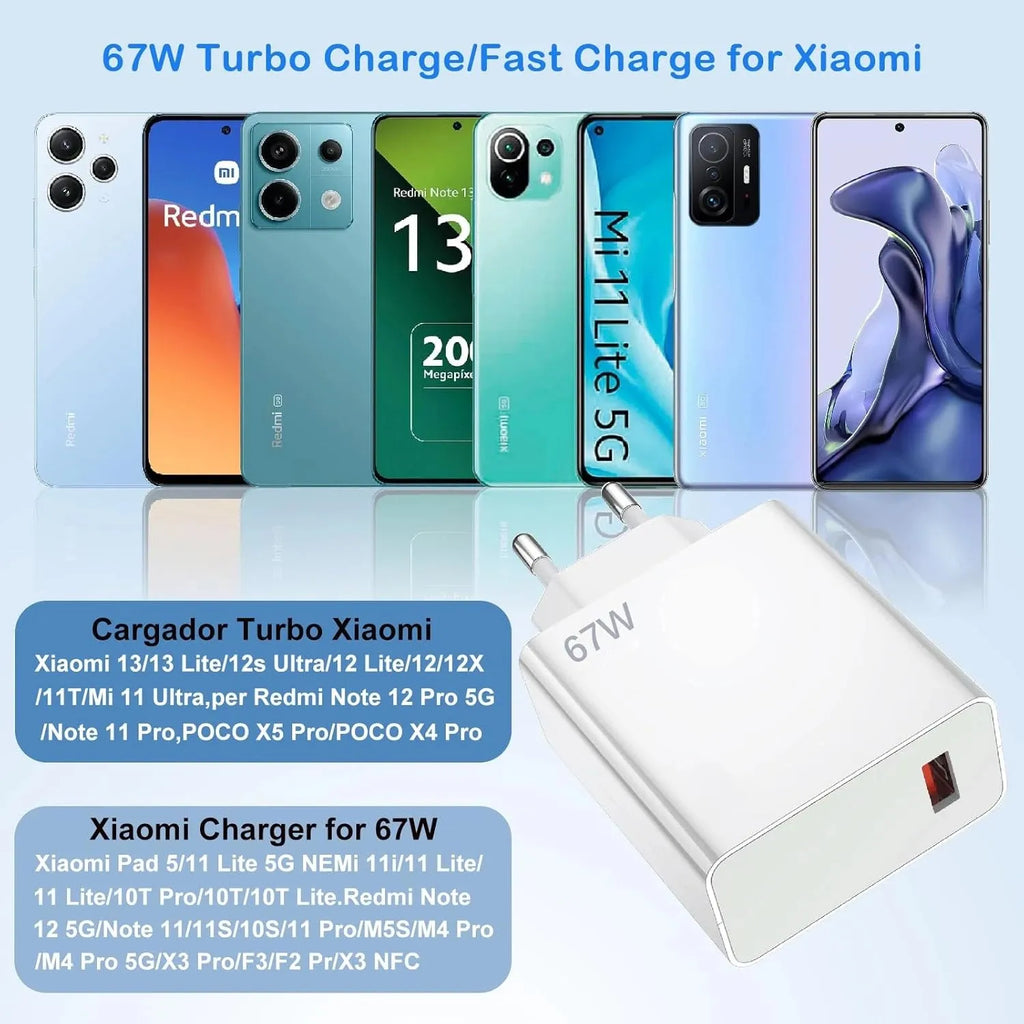 67W EU US Ultra Fast Charger For Xiaomi 11 12 13T 14T 15 Redmi Note 11T 12T 13 14 Pro POCO Type C USB Turbo Rapid Charging Cable