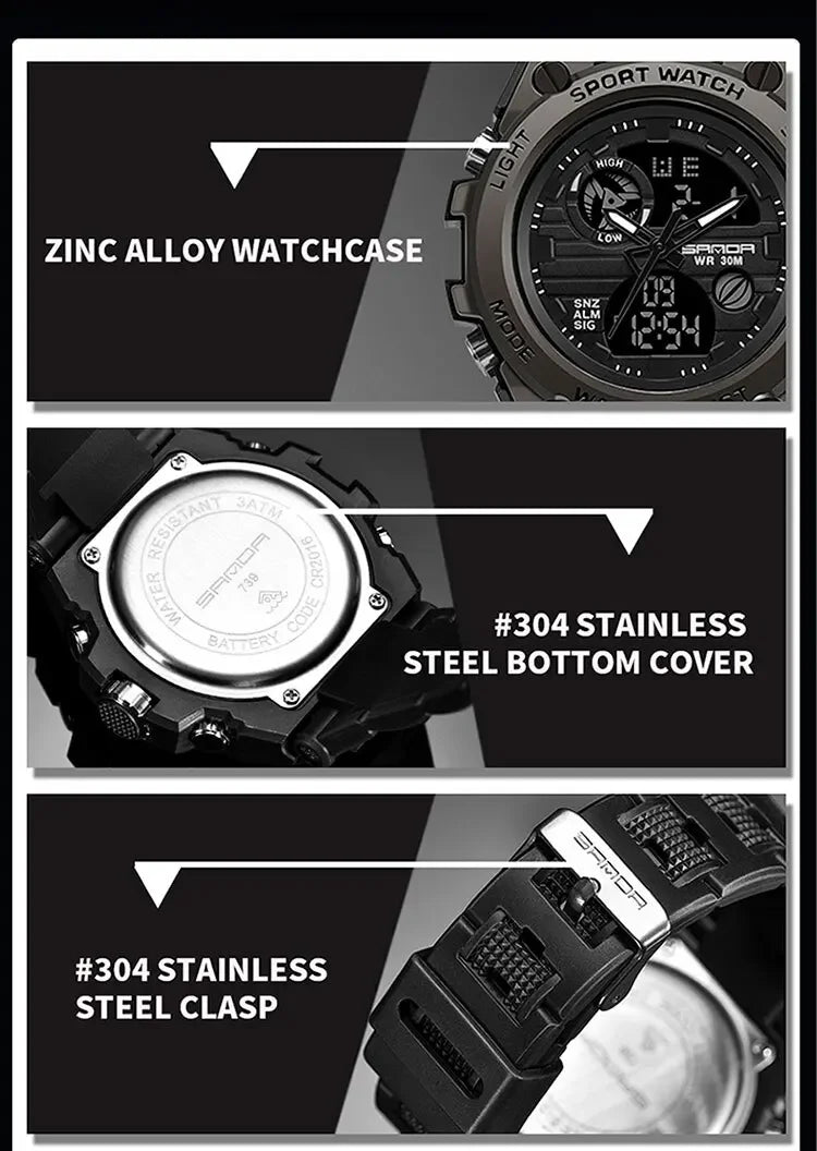 SANDA 739 Luxury Digital Quartz Watch for Men Military Army Waterproof Sport Wristwatches LED Dual Display Mens Reloj Hombre
