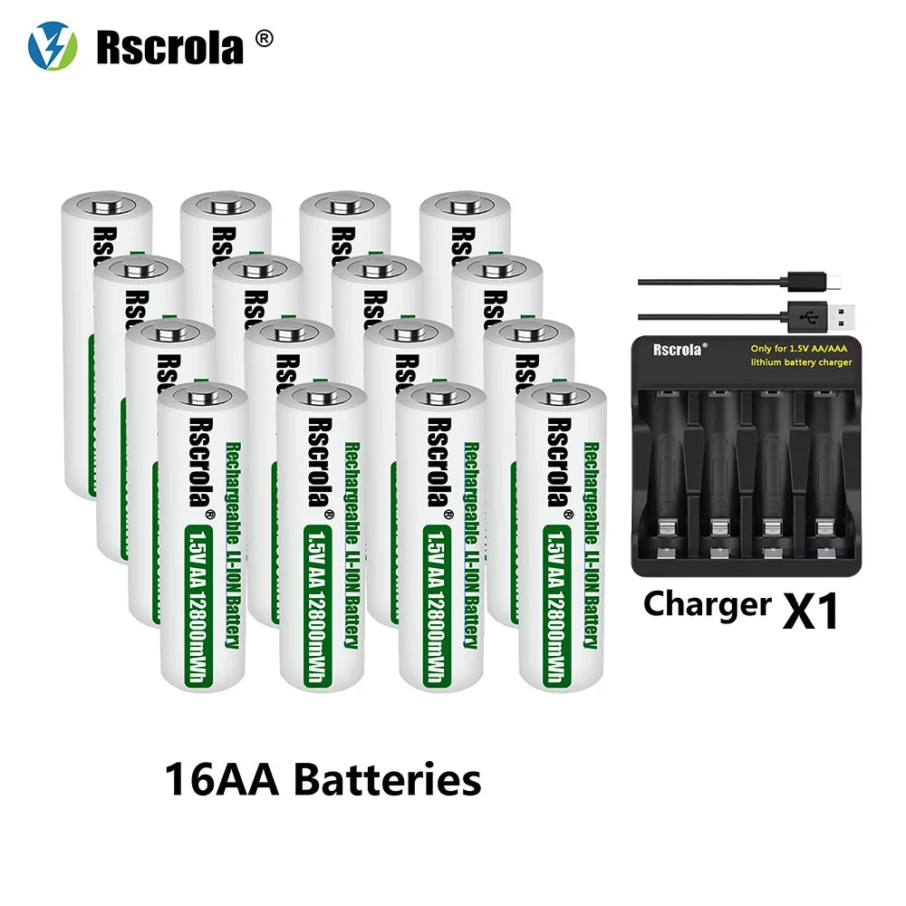 Rscrola Rechargeable 1.5V AA 12800mWh Lithium ion Battery Fast charging with Charger for Camare Clock  Mouse Fan Electric Toys