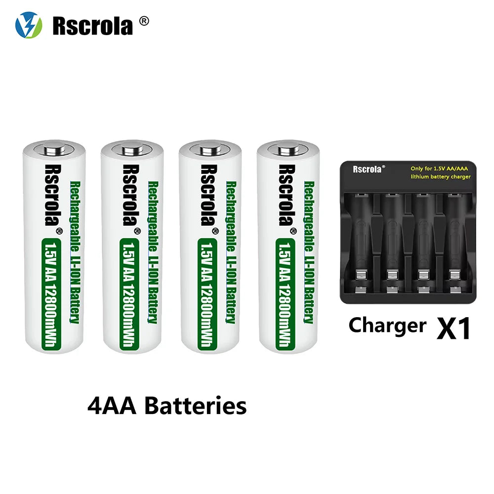 Rscrola Rechargeable 1.5V AA 12800mWh Lithium ion Battery Fast charging with Charger for Camare Clock  Mouse Fan Electric Toys