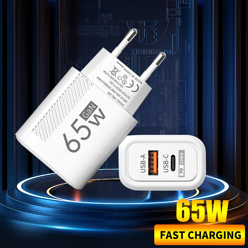65W USB-C Charger GaN Fast Charging PD Type C Cable Mobile Phone Adapter Travel Wall Charger EU/US Plug For iPhone Xiaomi Huawei